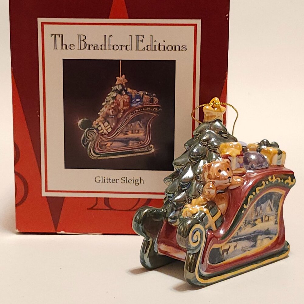 Thomas Kinkade Glitter Sleigh Porcelain Ornament New Bradford Editions 2004 BNIP